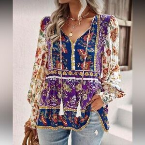 Boho Plus Size Size Floral Print Smocked Cuff Long Sleeve Blouse Top Shirt